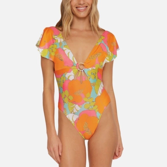 NWT Trina Turk Playa De Flor Floral Flutter Sleeve Cutout One Piece Swimsuit - Picture 3 of 9